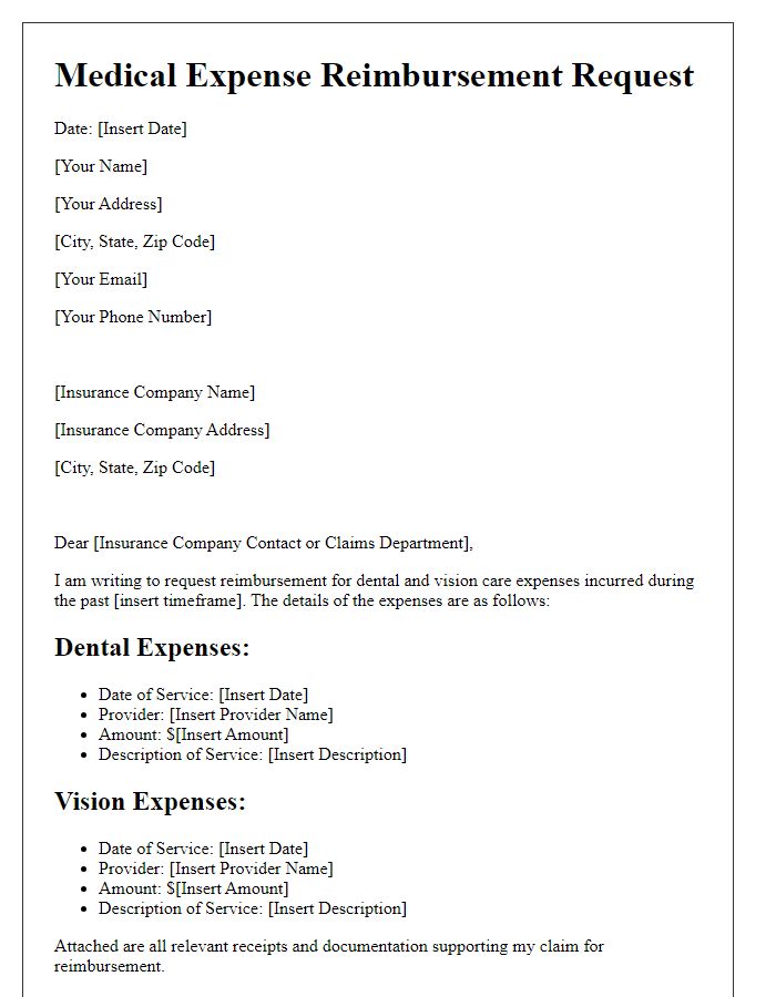 Letter template of medical expense reimbursement for dental and vision care.