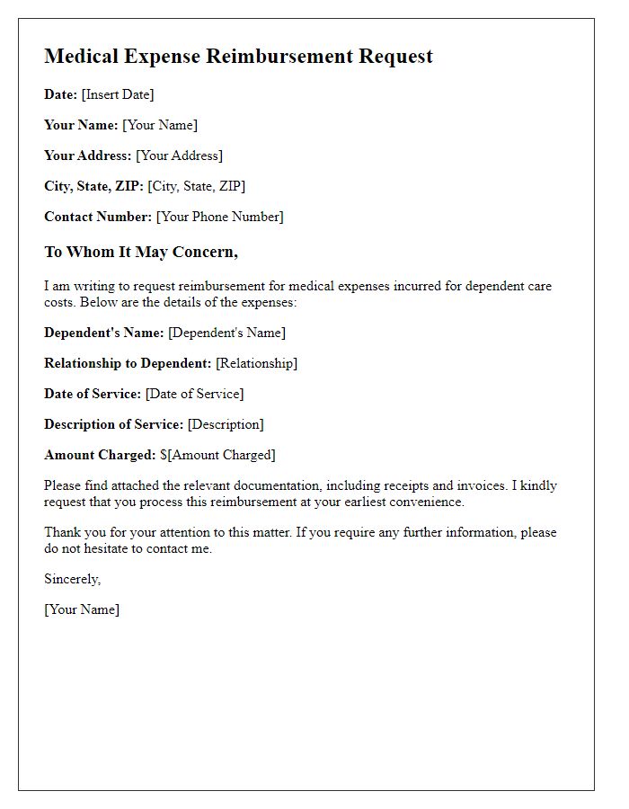 Letter template of medical expense reimbursement for dependent care costs.