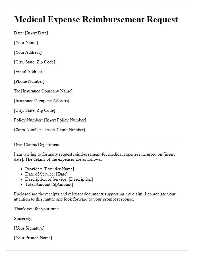 Letter template of medical expense reimbursement for health insurance claims.