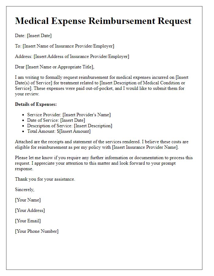 Letter template of medical expense reimbursement for out-of-pocket expenses.