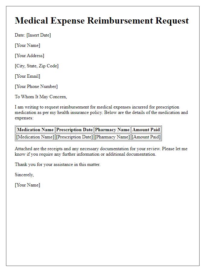 Letter template of medical expense reimbursement for prescription medication.