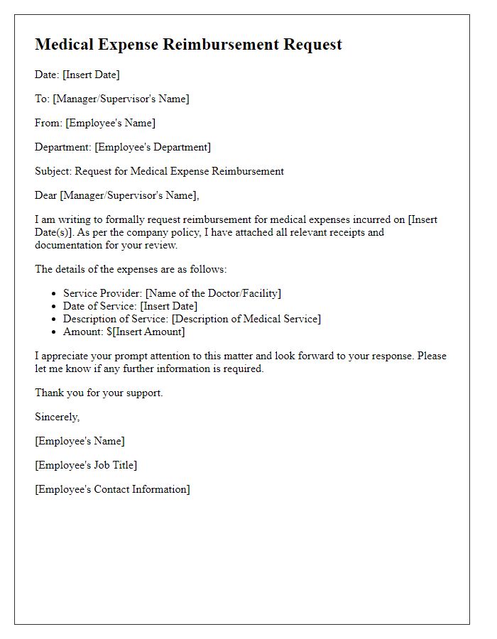 Letter template of medical expense reimbursement request for employees.