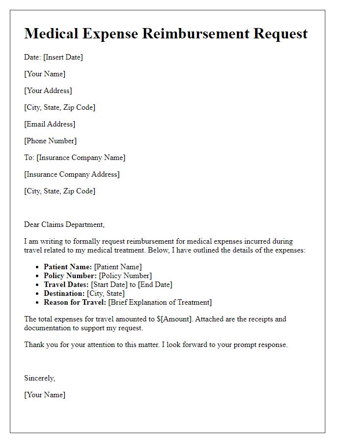 Letter template of medical expense reimbursement for travel related to medical treatment.