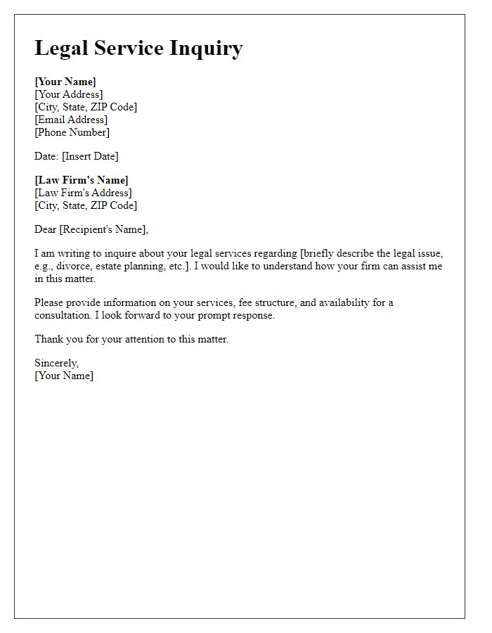 Letter template of correspondence for legal service inquiry