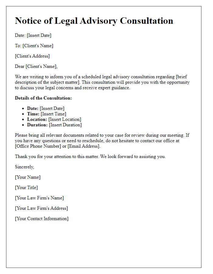Letter template of notice for legal advisory consultation