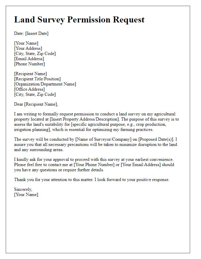 Letter template of land survey permission request for agricultural land.