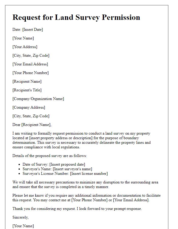 Letter template of land survey permission request for boundary determination.