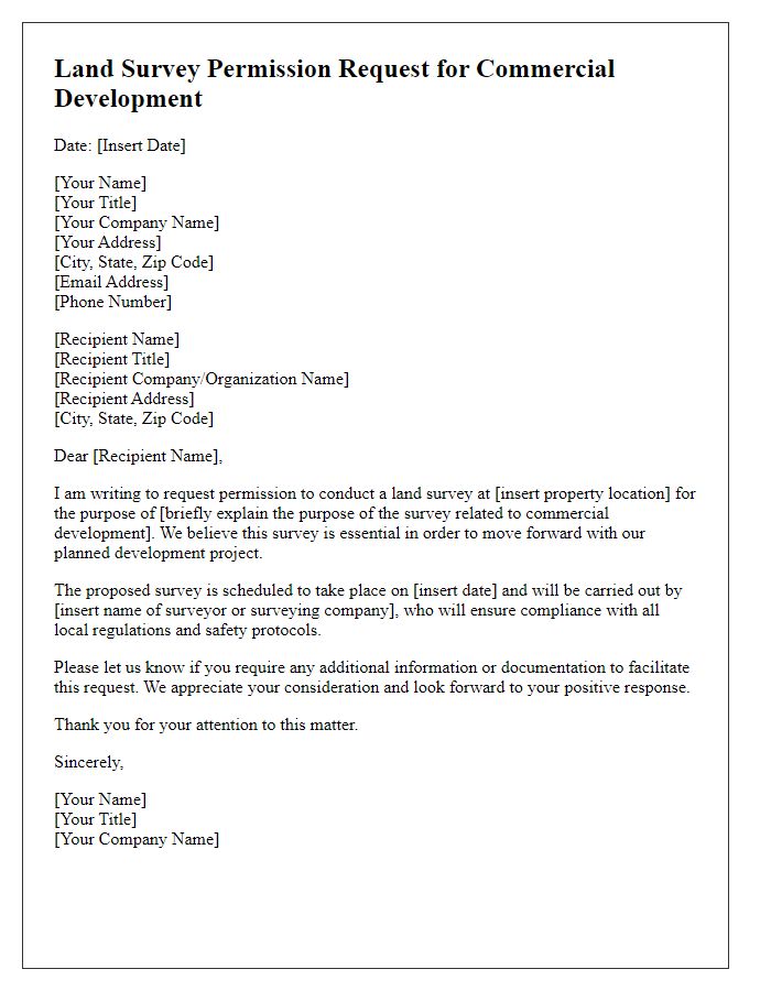 Letter template of land survey permission request for commercial development.