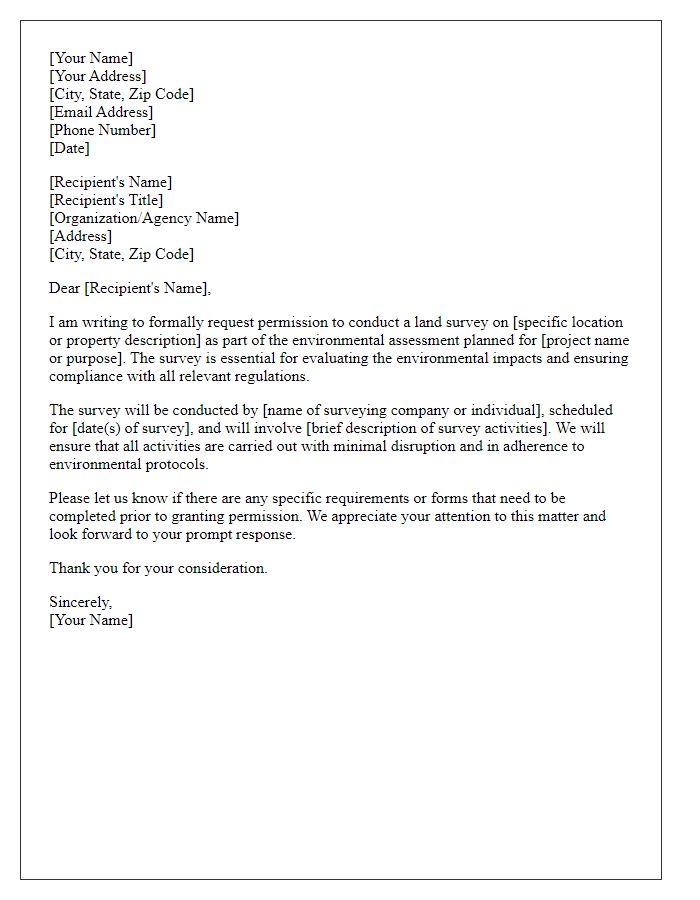 Letter template of land survey permission request for environmental assessment.