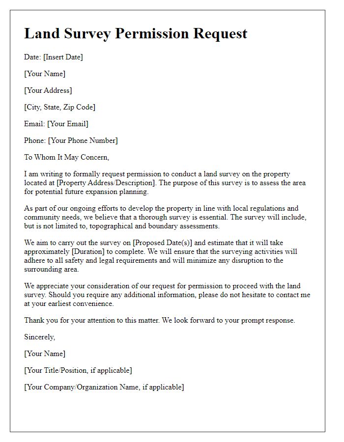 Letter template of land survey permission request for future expansion planning.