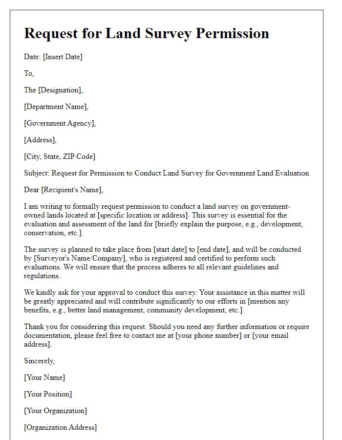 Letter template of land survey permission request for government land evaluation.