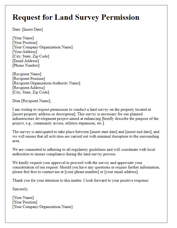 Letter template of land survey permission request for infrastructure development.