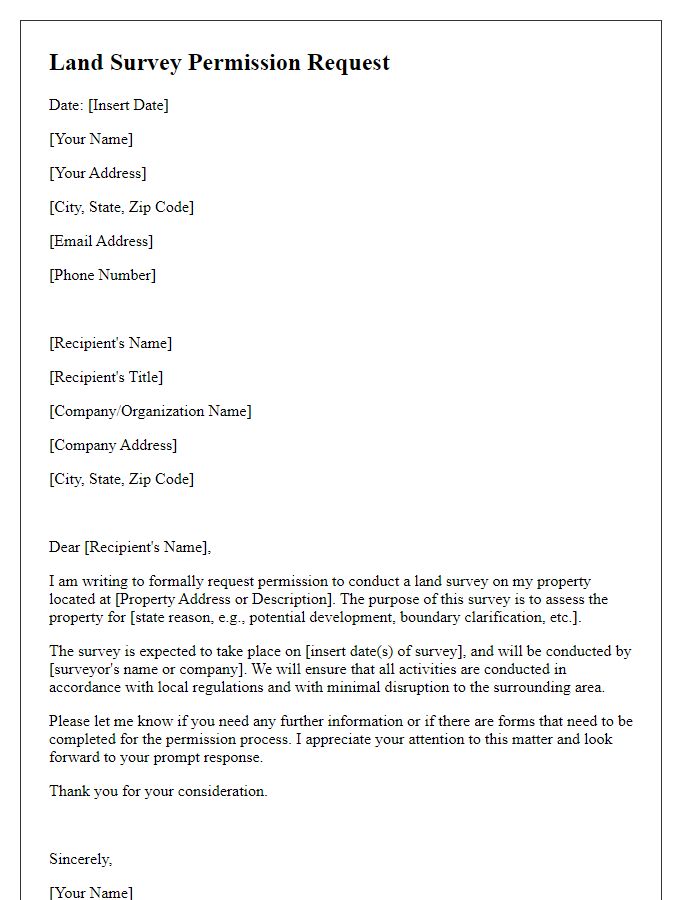 Letter template of land survey permission request for property assessment.