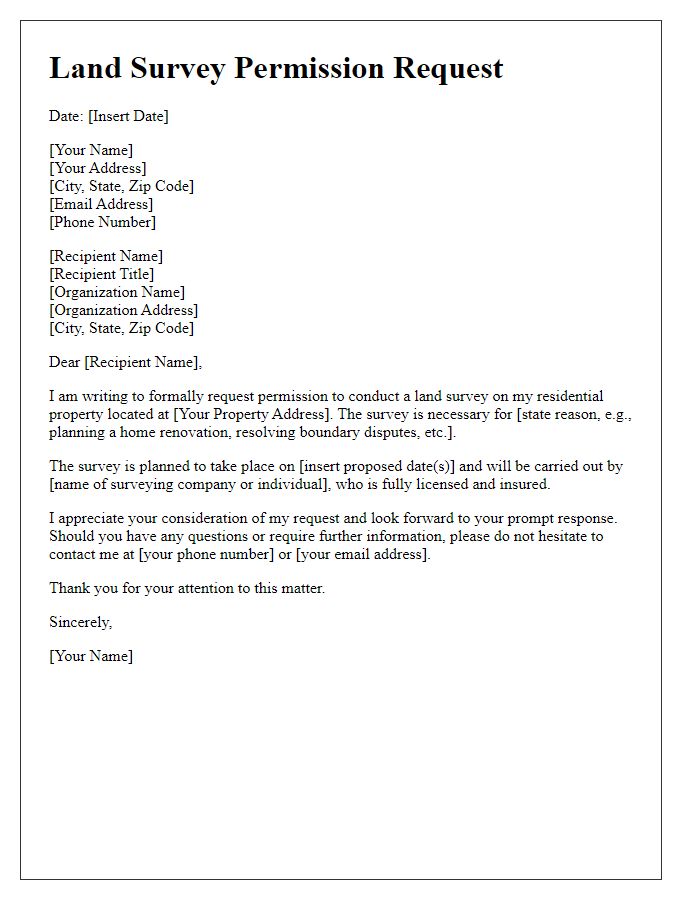 Letter template of land survey permission request for residential property.