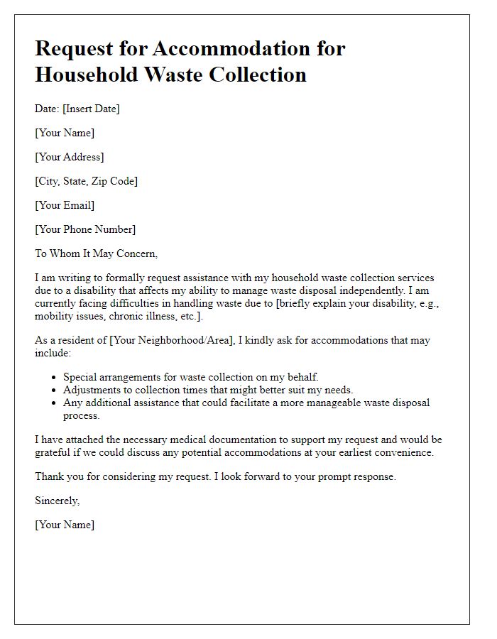 Letter template of request for accommodating household waste collection for disabilities.