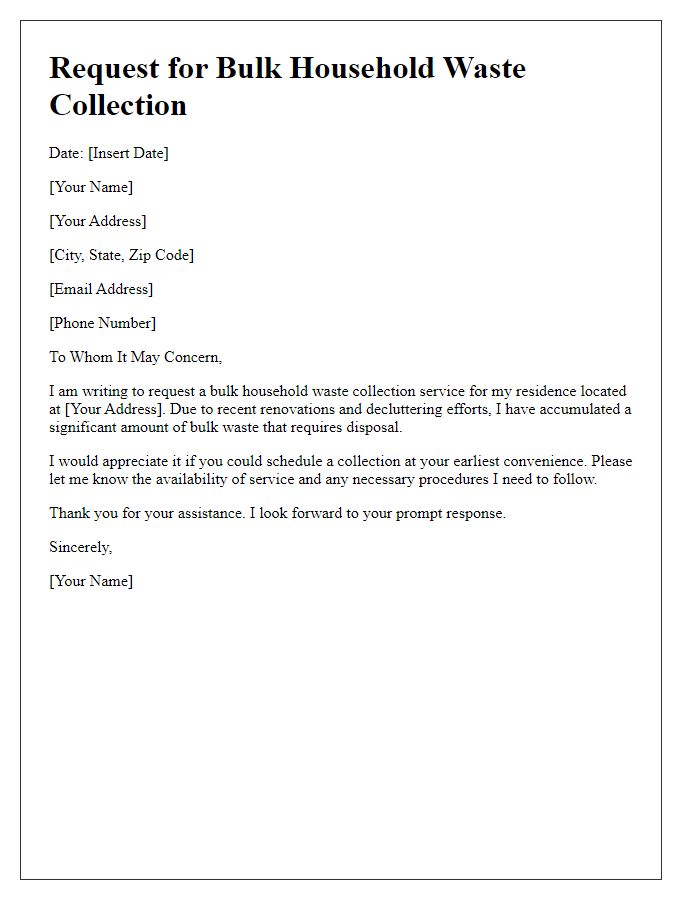 Letter template of request for bulk household waste collection.