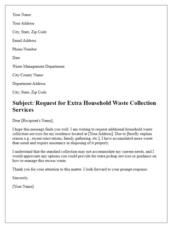 Letter template of request for extra household waste collection services.