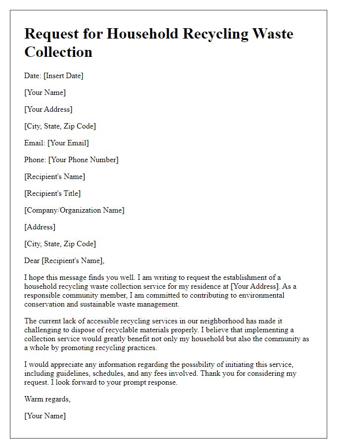 Letter template of request for household recycling waste collection.