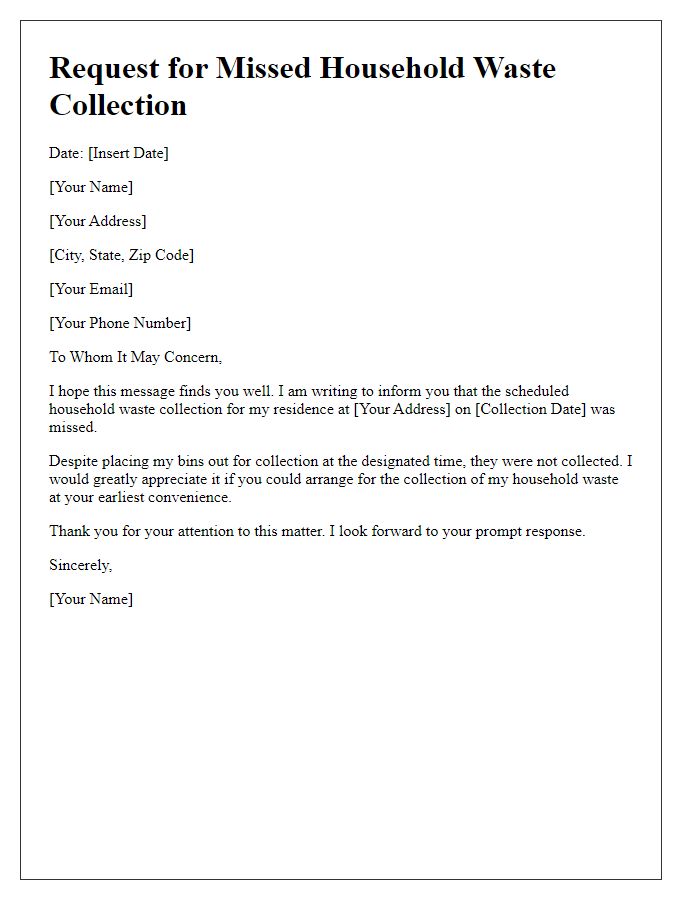 Letter template of request for missed household waste collection.