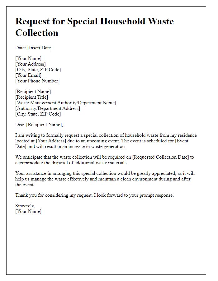 Letter template of request for special household waste collection due to events.