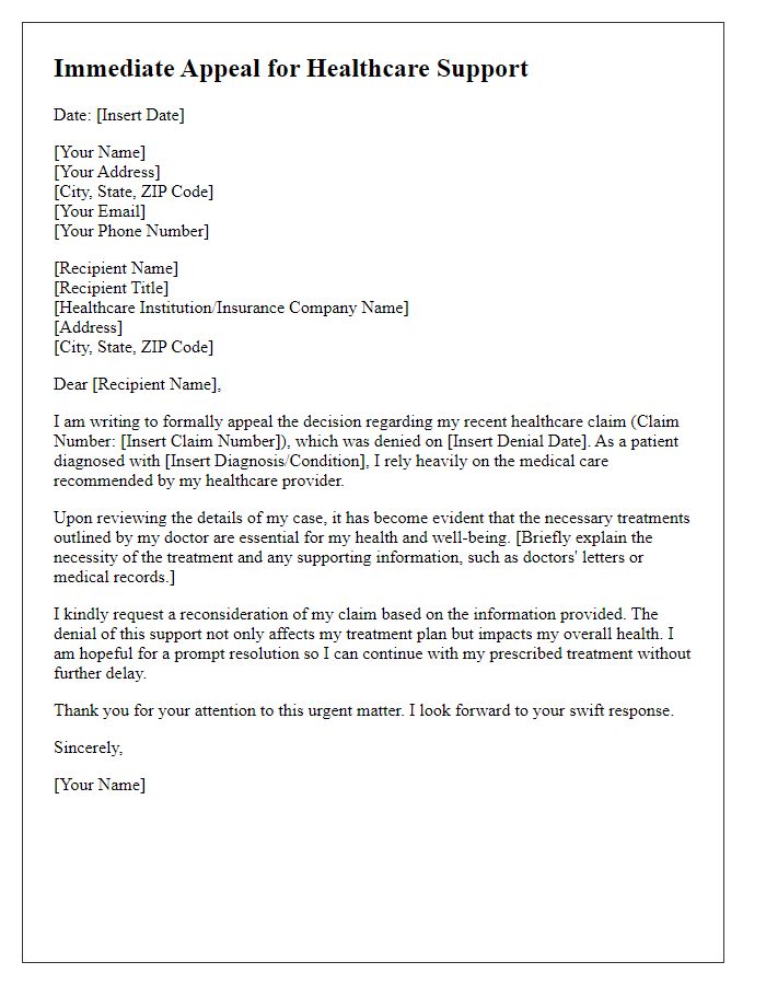 Letter template of immediate appeal for healthcare support