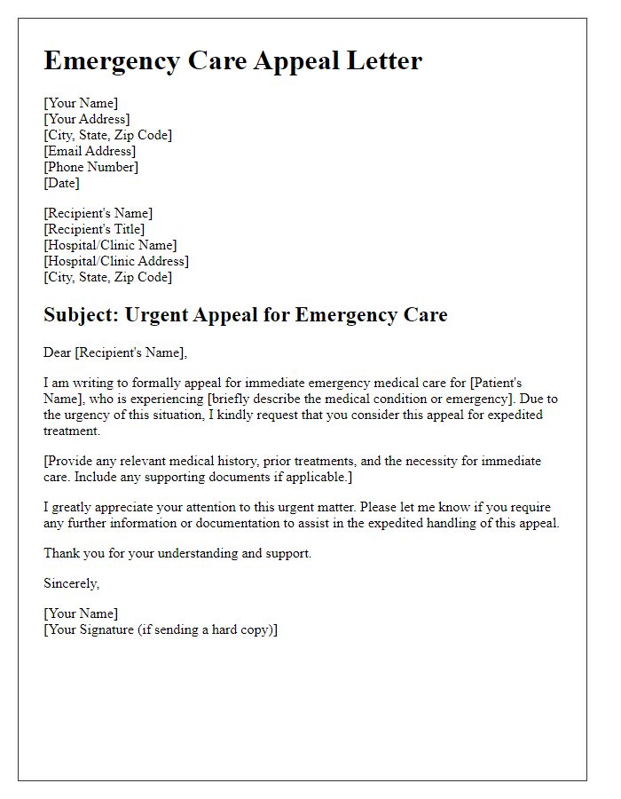 Letter template of prompt appeal for emergency care