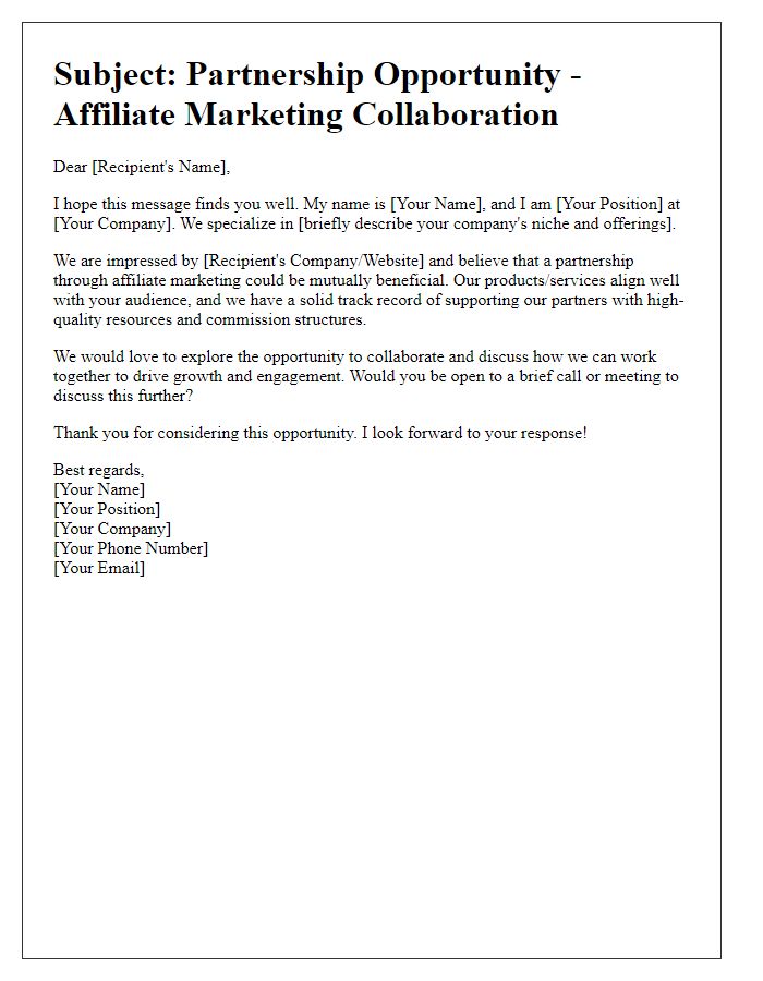 Letter template of outreach for affiliate marketing partnership