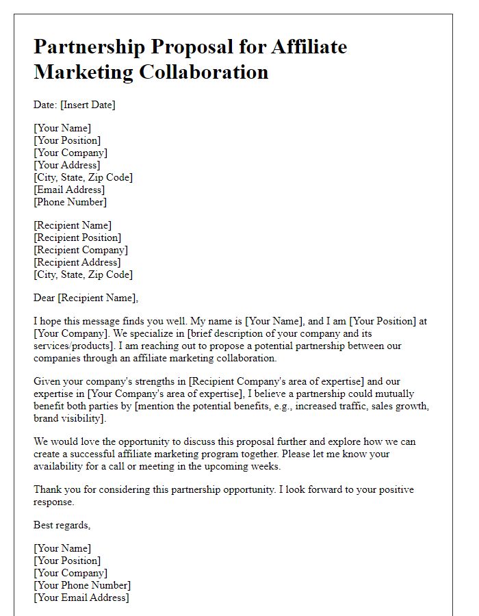 Letter template of partnership proposal for affiliate marketing collaboration