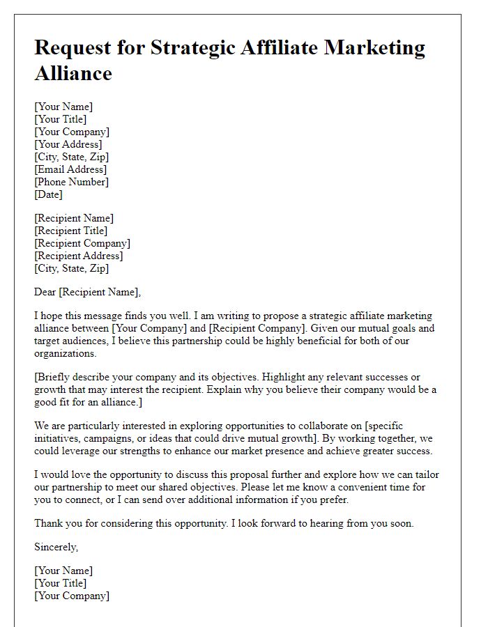 Letter template of request for strategic affiliate marketing alliance