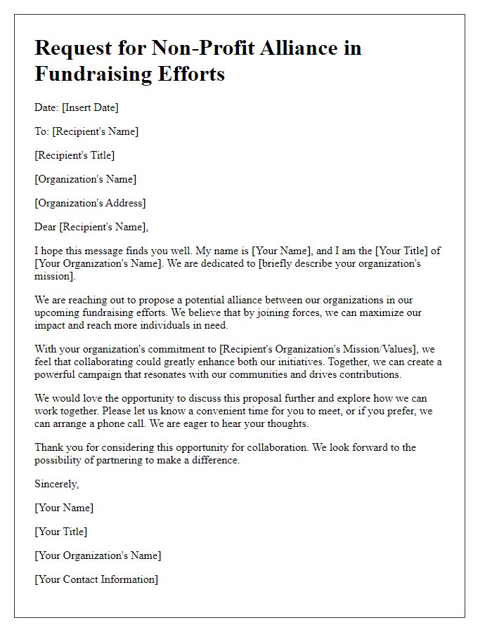 Letter template of request for non-profit alliance in fundraising efforts