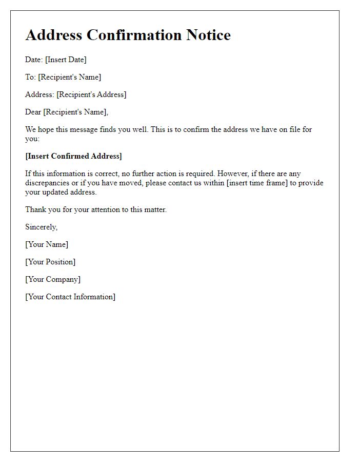 Letter template of Address Confirmation Notice