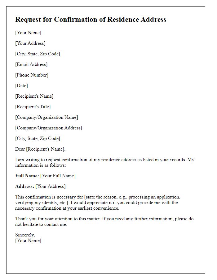 Letter template of Request for Confirmation of Residence Address