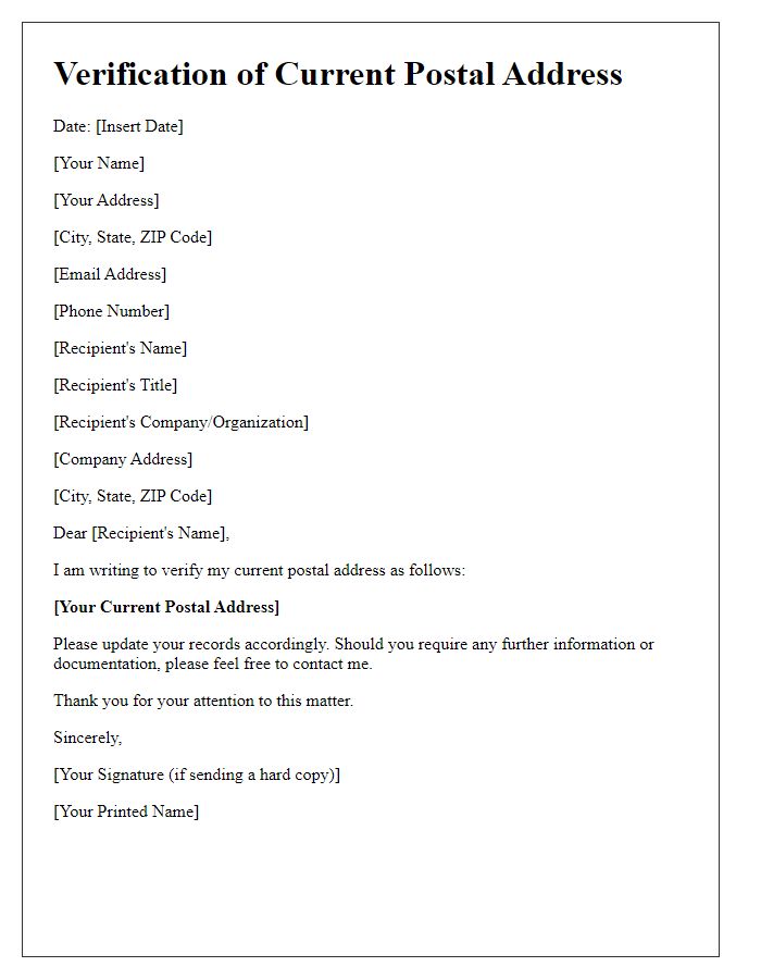 Letter template of Verification of Current Postal Address