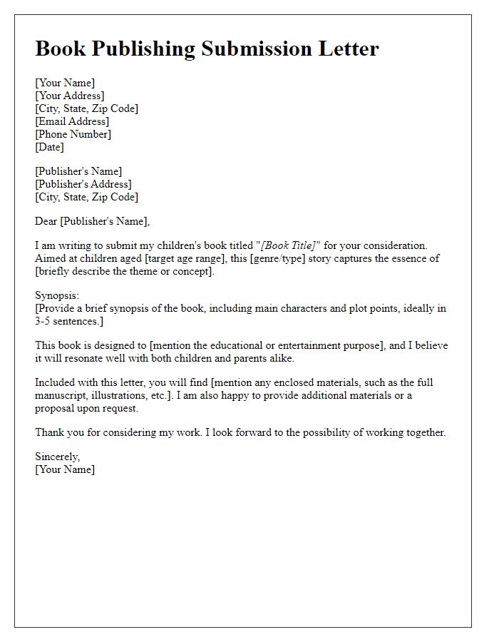 Letter template of book publishing submission for children's literature.