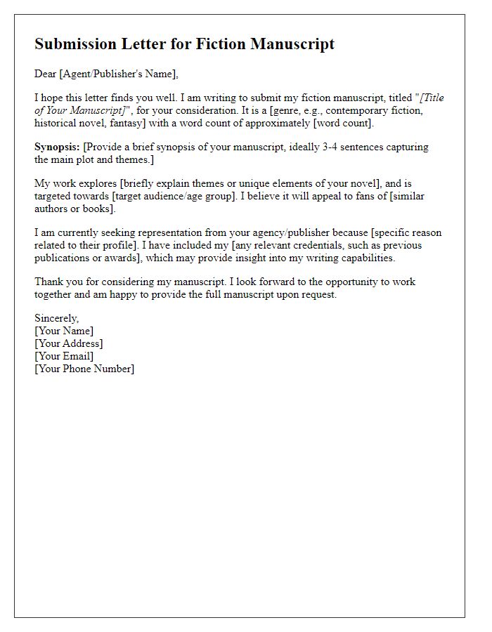 Letter template of book publishing submission for fiction manuscript.