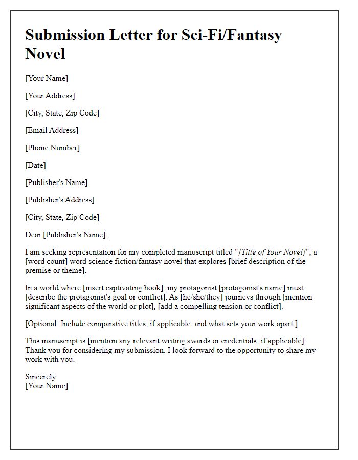 Letter template of book publishing submission for sci-fi/fantasy novel.