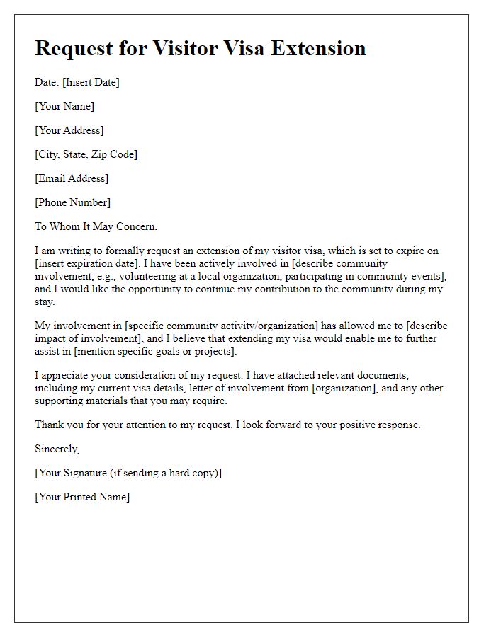 Letter template of request for visitor visa extension for community involvement.