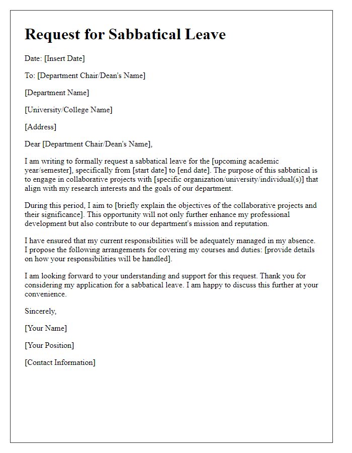 Letter template of request for faculty sabbatical leave for collaborative projects.