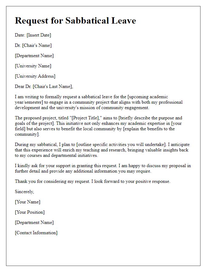 Letter template of request for faculty sabbatical leave for community engagement.