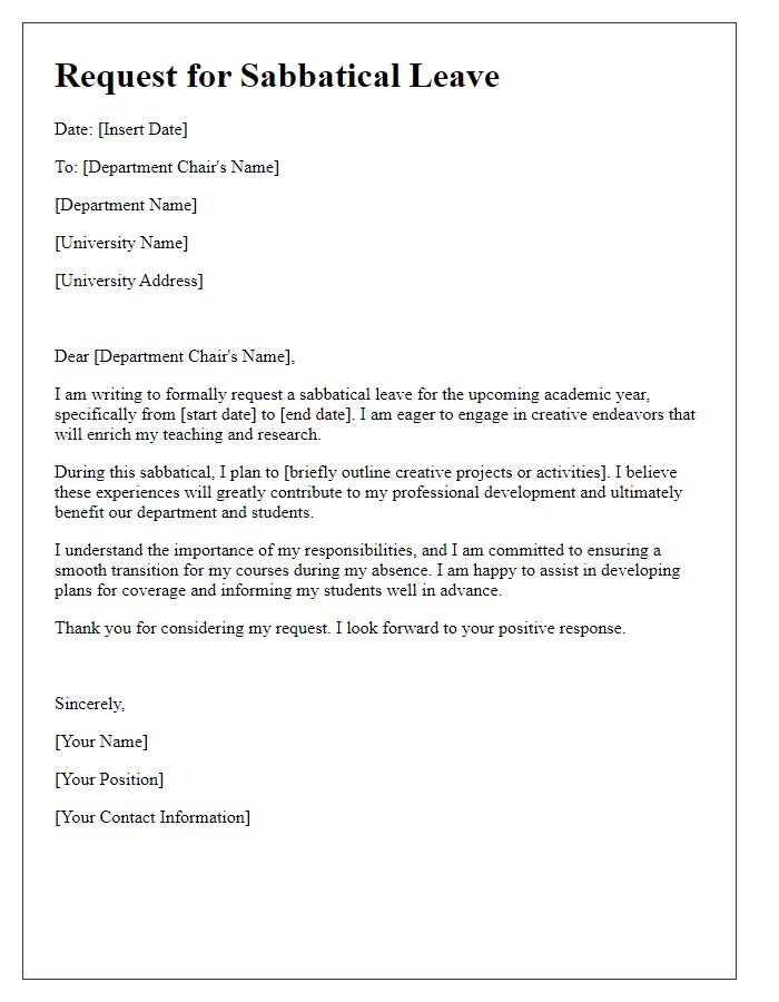 Letter template of request for faculty sabbatical leave for creative endeavors.