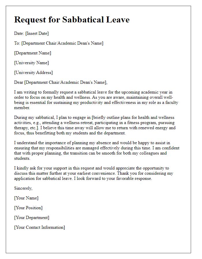 Letter template of request for faculty sabbatical leave for health and wellness.