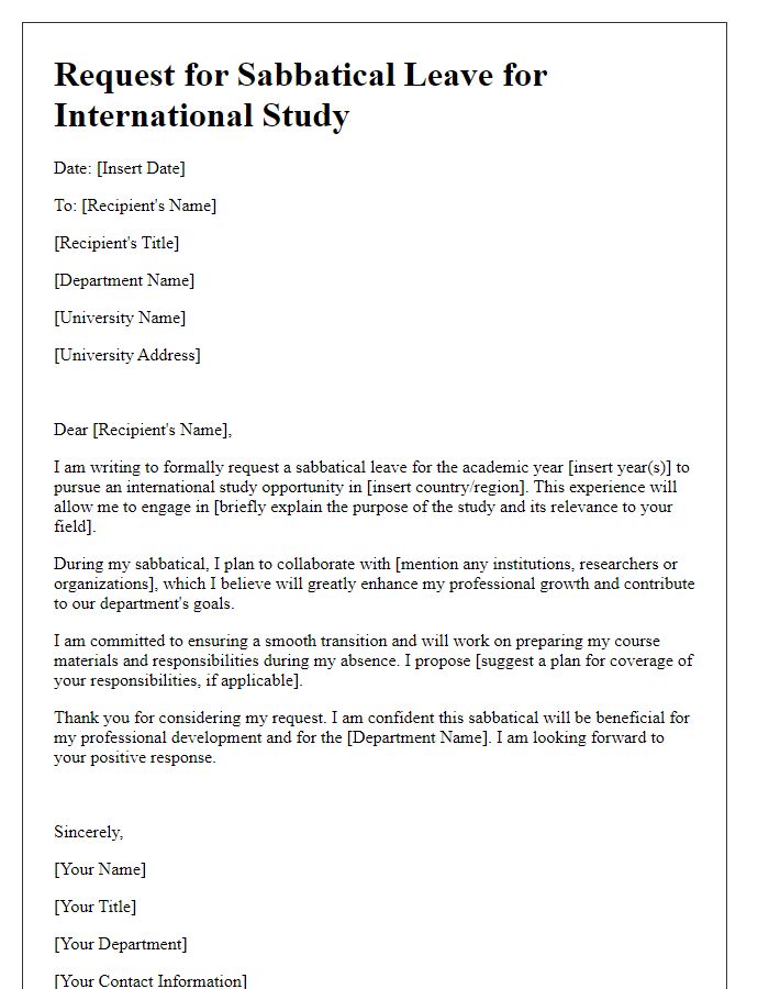 Letter template of request for faculty sabbatical leave for international study.