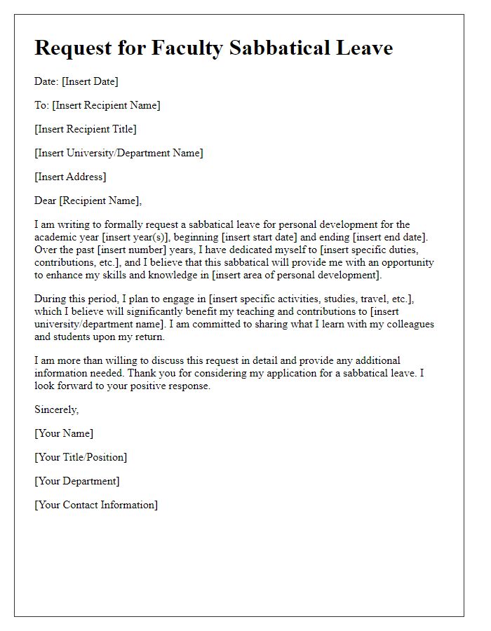 Letter template of request for faculty sabbatical leave for personal development.