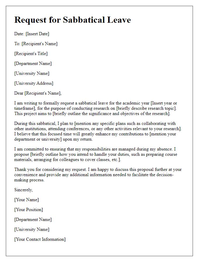 Letter template of request for faculty sabbatical leave for research purposes.