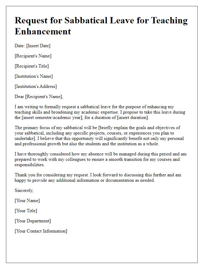 Letter template of request for faculty sabbatical leave for teaching enhancement.