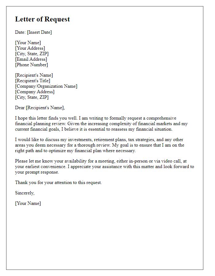 Letter template of request for a comprehensive financial planning review