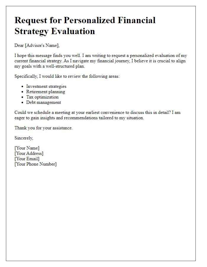 Letter template of request for personalized financial strategy evaluation