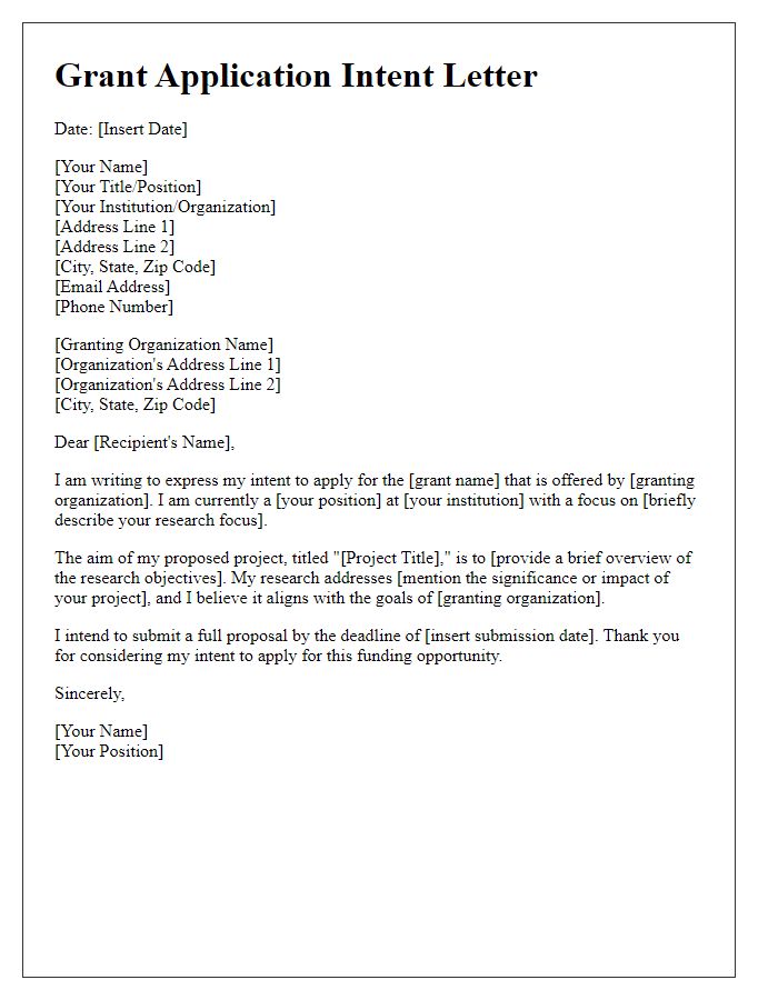 Letter template of grant application intent for academic research