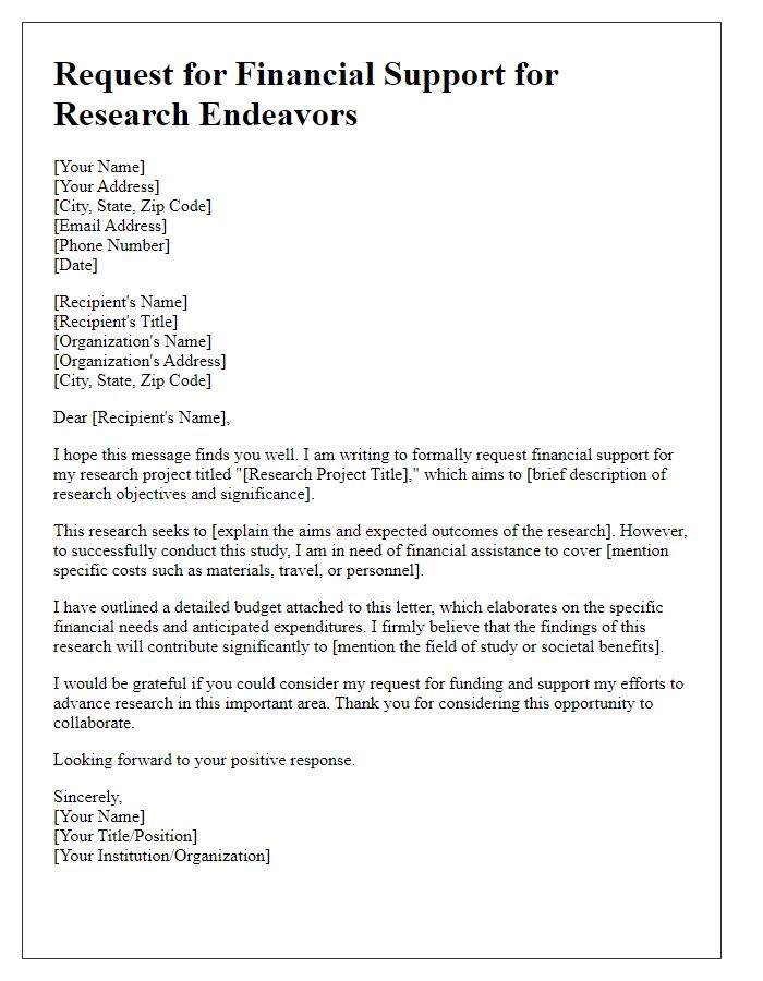 Letter template of request for financial support for research endeavors