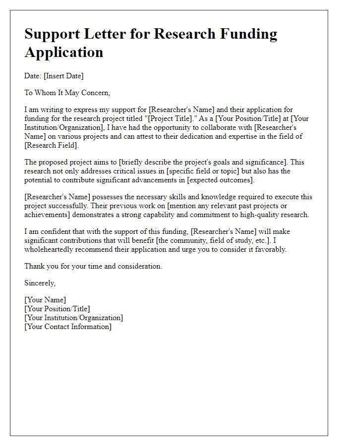 Letter template of support letter for research funding application